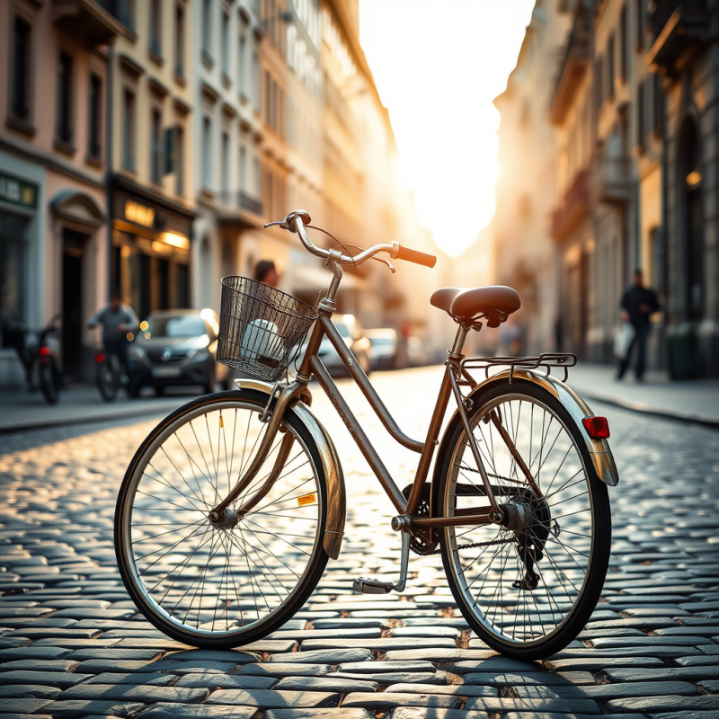Vintage Bicycle Parked on European Cobblestone Street