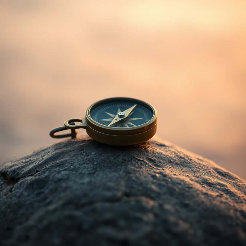 Vintage Brass Compass Rests on a Rugged Rock, Bathed