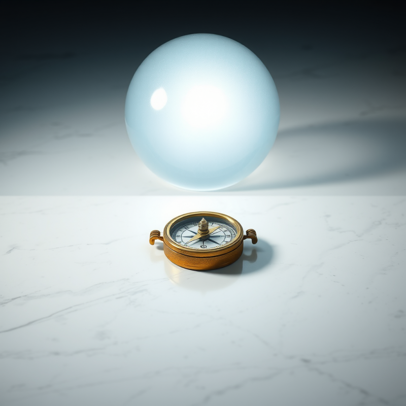 Vintage Brass Compass Rests on Marble, Pointing