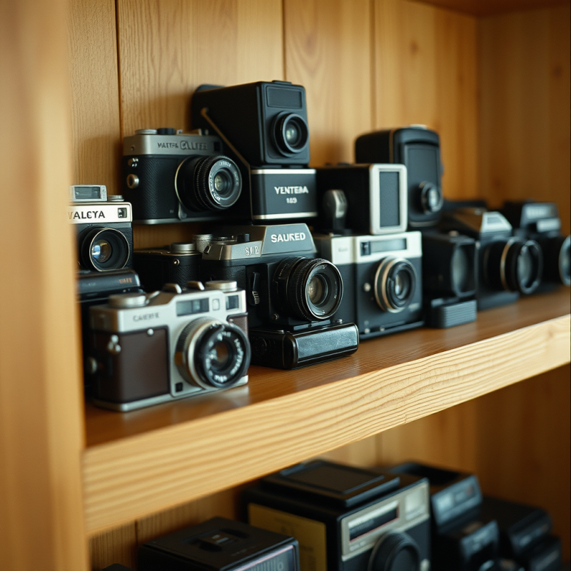 Vintage Camera Collection on Wooden Shelf Retro Photography
