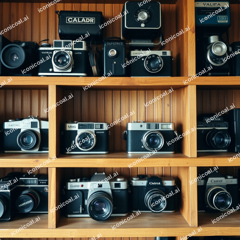 Vintage Camera Collection On Wooden Shelf Retro Photography