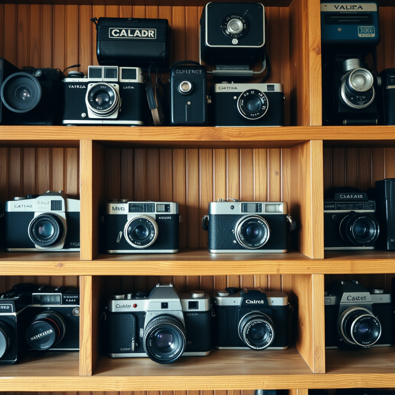 Vintage Camera Collection on Wooden Shelf Retro Photography