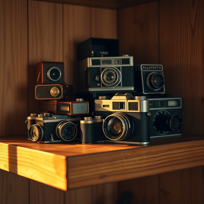 Vintage Camera Collection on Wooden Shelf Retro Photography