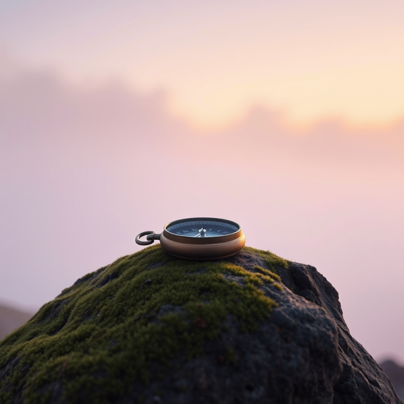 Vintage Compass Rests Atop a Moss-covered Rock