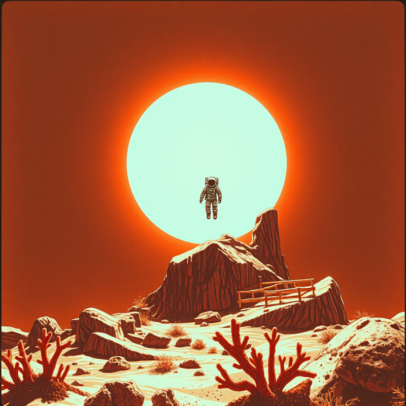 Vintage Copper-toned Illustration of a Lone Astronaut F...