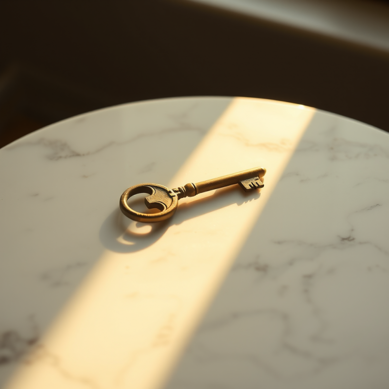 Vintage Golden Key Rests on a Marble Surface, Bathed