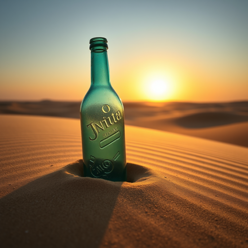 Vintage Green Bottle Stands Alone in Rippled Sand