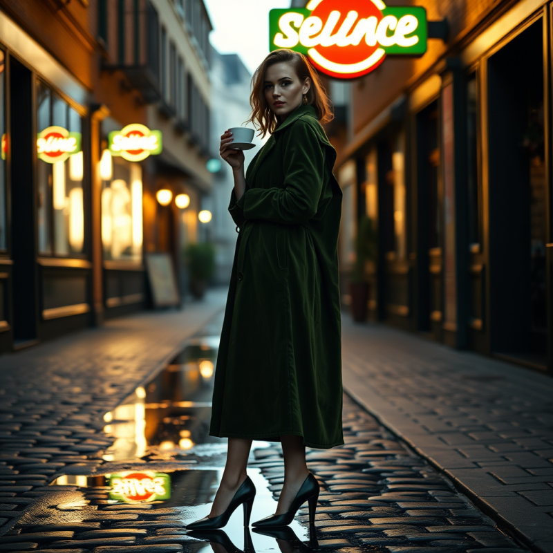 Vintage-inspired Model in a Moss-green Velvet Trench Co...