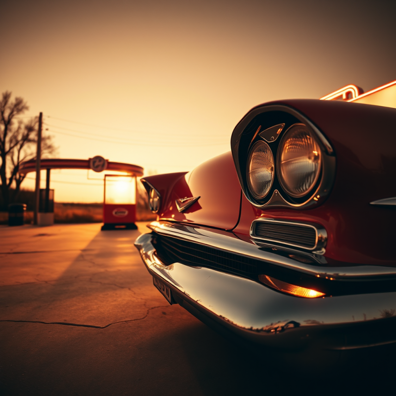 Vintage Red Car Parked at a Retro Gas Station During