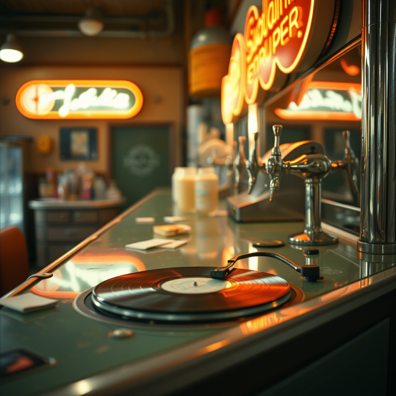Vintage-style Bar with Warm Neon Lighting, Featuring