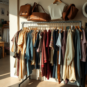Vintage Thrift Store Clothing Rack With Unique Finds