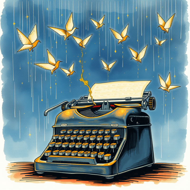 Vintage Typewriter Emits Golden Birds Into a Starry,