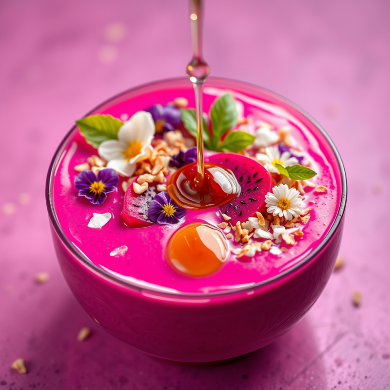 Vivid Pink Smoothie Bowl Topped with Edible Flowers,