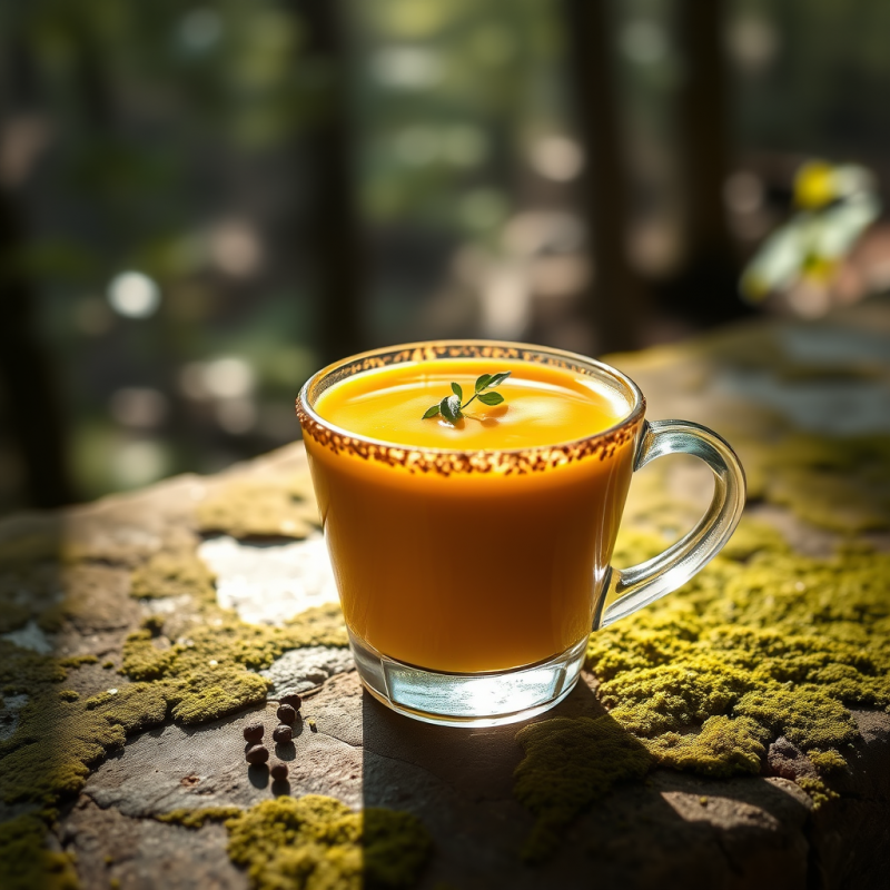 Warm Golden Beverage Garnished with a Leaf Sits in a