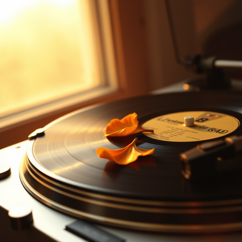 Warm, Golden-hued Vinyl Record Spins on a Turntable,
