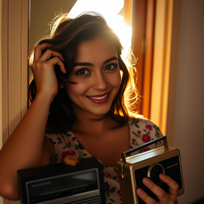 Warm, Sunlit Portrait of a Smiling Woman Holding