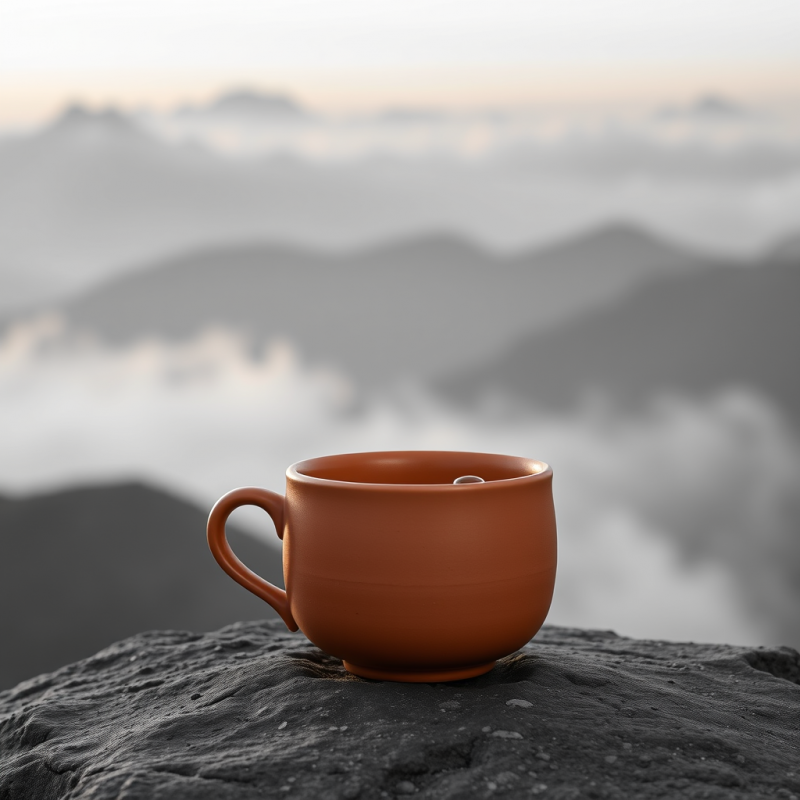 Warm Terracotta Mug Sits on a Rugged Mountain Rock,
