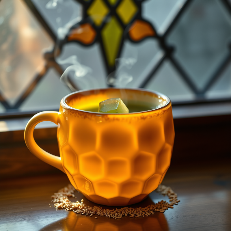 Warm, Textured Golden Mug Filled with Steaming Tea