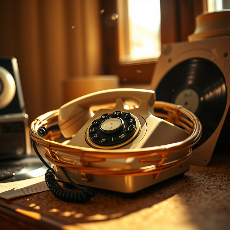 Warmly Lit Vintage Rotary Phone Sits on a Wooden