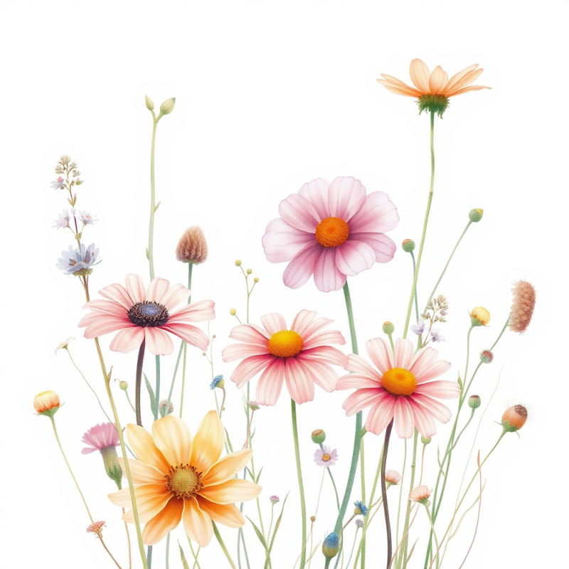 Watercolor Illustration of Wildflowers in Soft Pastel Pal...