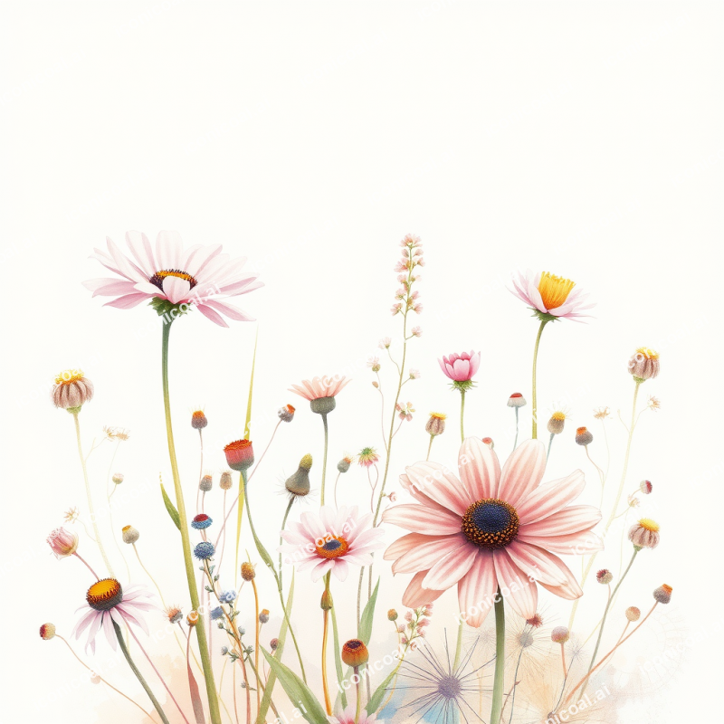 Watercolor Illustration Of Wildflowers In Soft Pastel Pal...