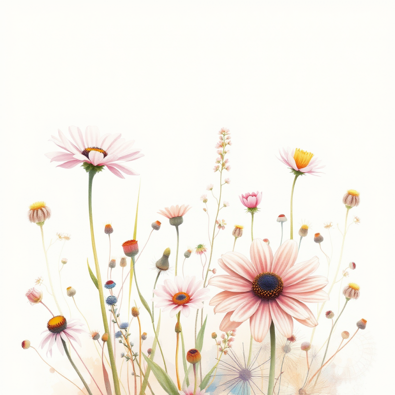 Watercolor Illustration of Wildflowers in Soft Pastel Pal...
