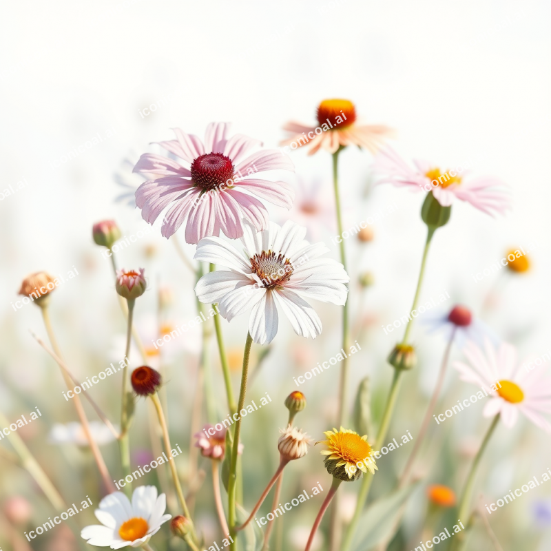 Watercolor Illustration Of Wildflowers In Soft Pastel Pal...