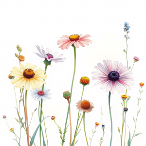 Watercolor Illustration Of Wildflowers In Soft Pastel Pal...