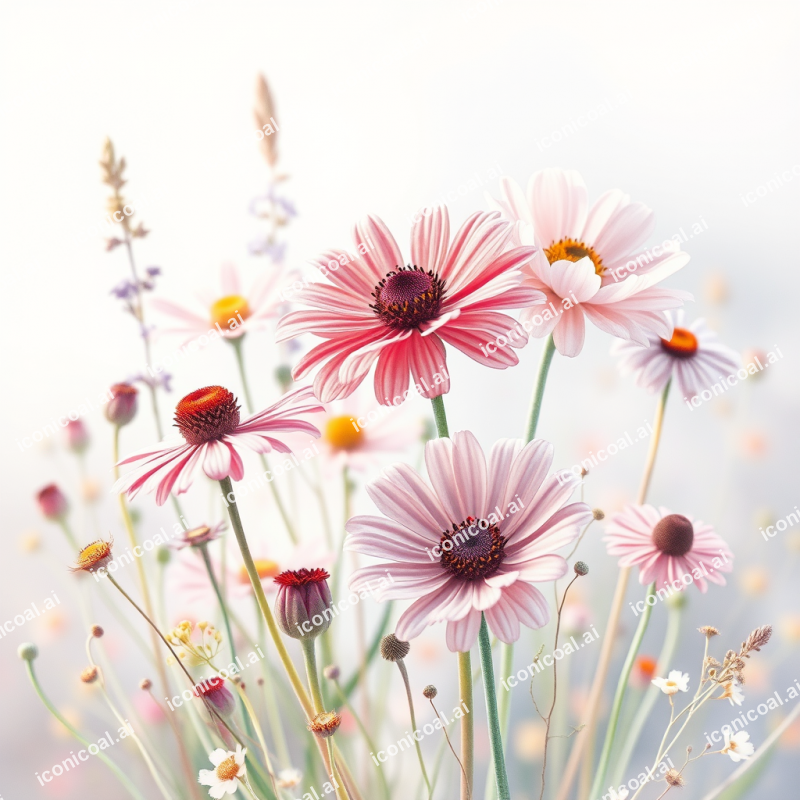 Watercolor Illustration Of Wildflowers In Soft Pastel Pal...