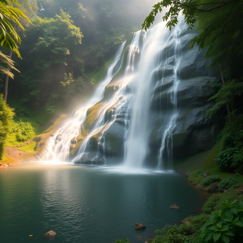 Waterfall Cascading Into Pool in Lush Green Forest
