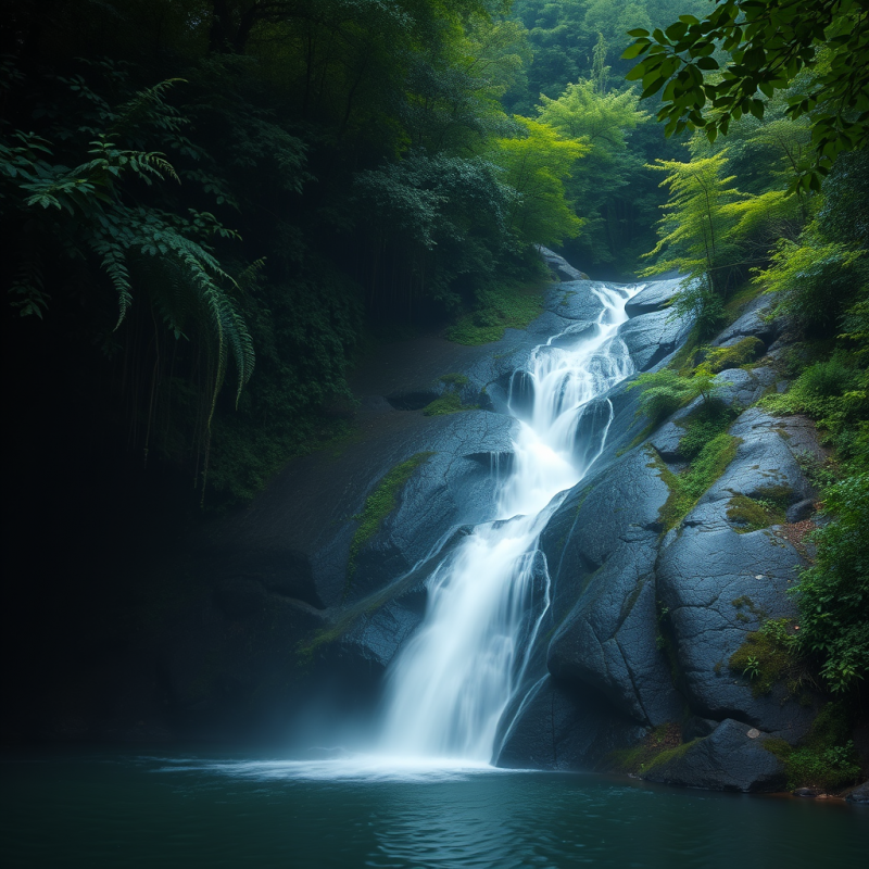 Waterfall Cascading Into Pool in Lush Green Forest