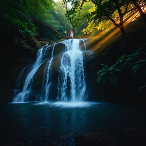 Waterfall Cascading Into Pool In Lush Green Forest
