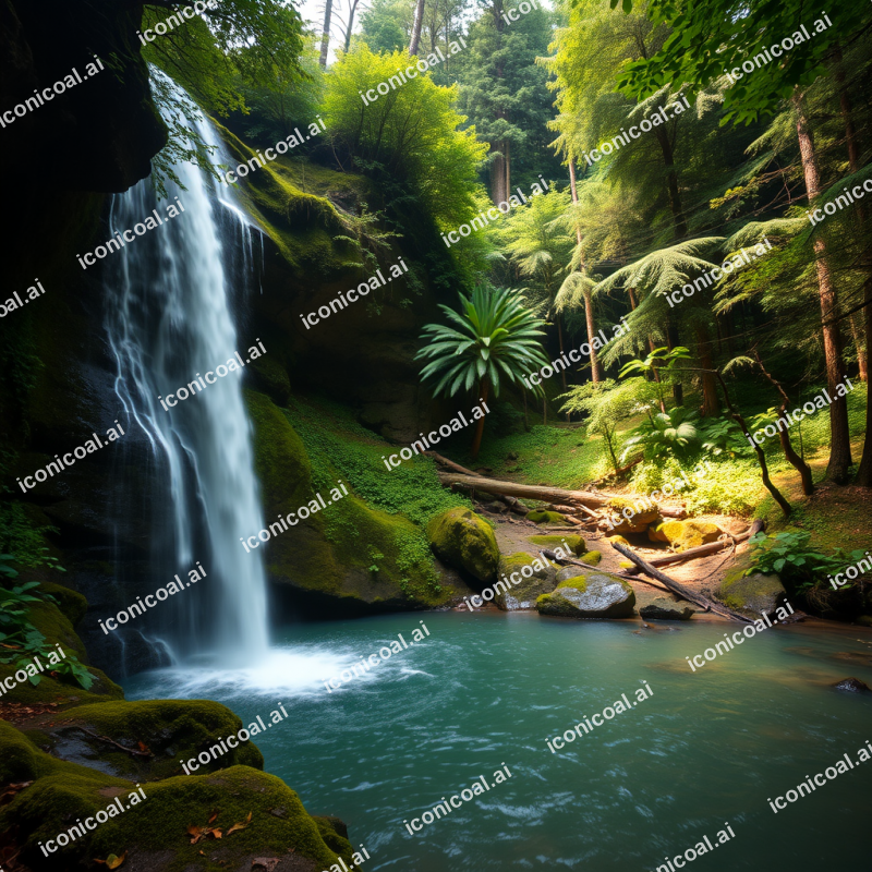 Waterfall Cascading Into Pool In Lush Green Forest