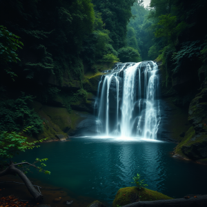 Waterfall Cascading Into Pool In Lush Green Forest