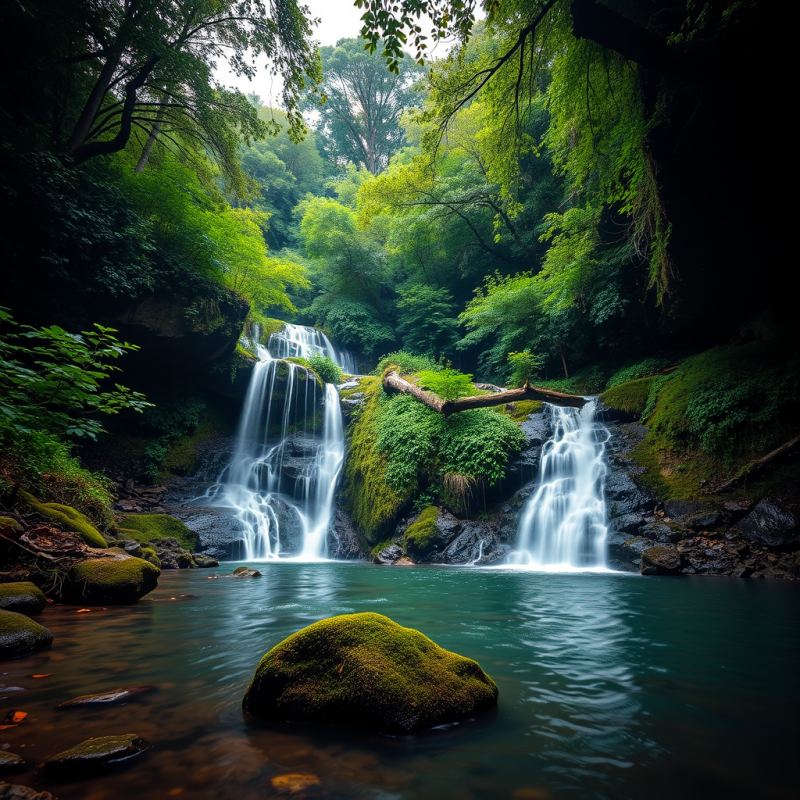 Waterfall Cascading Into Pool in Lush Green Forest