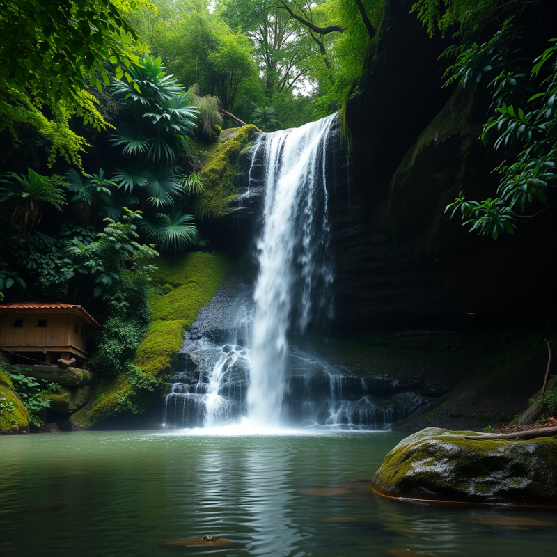 Waterfall Cascading Into Pool in Lush Green Forest