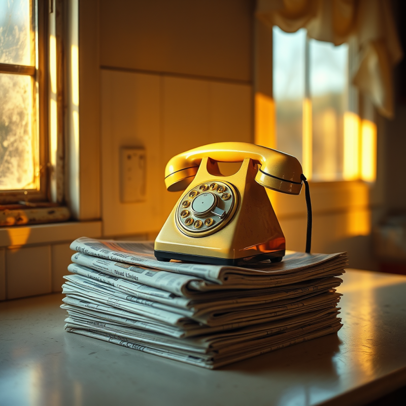 Weathered 1940s Rotary Phone Perched Atop a Stack of Ye...