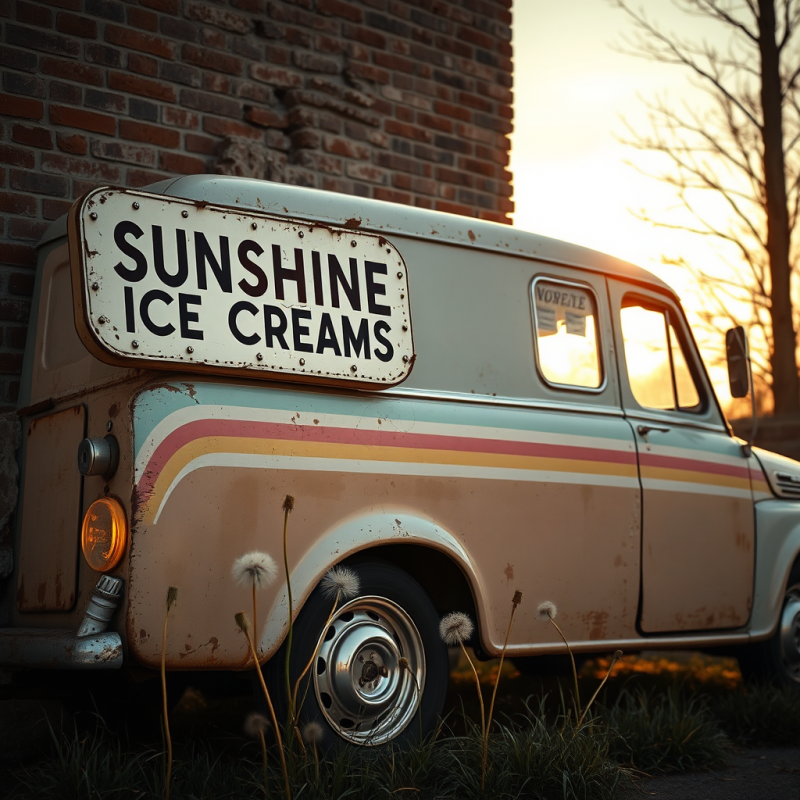 Weathered 1950s Chrome Ice Cream Truck Parked Crookedly...