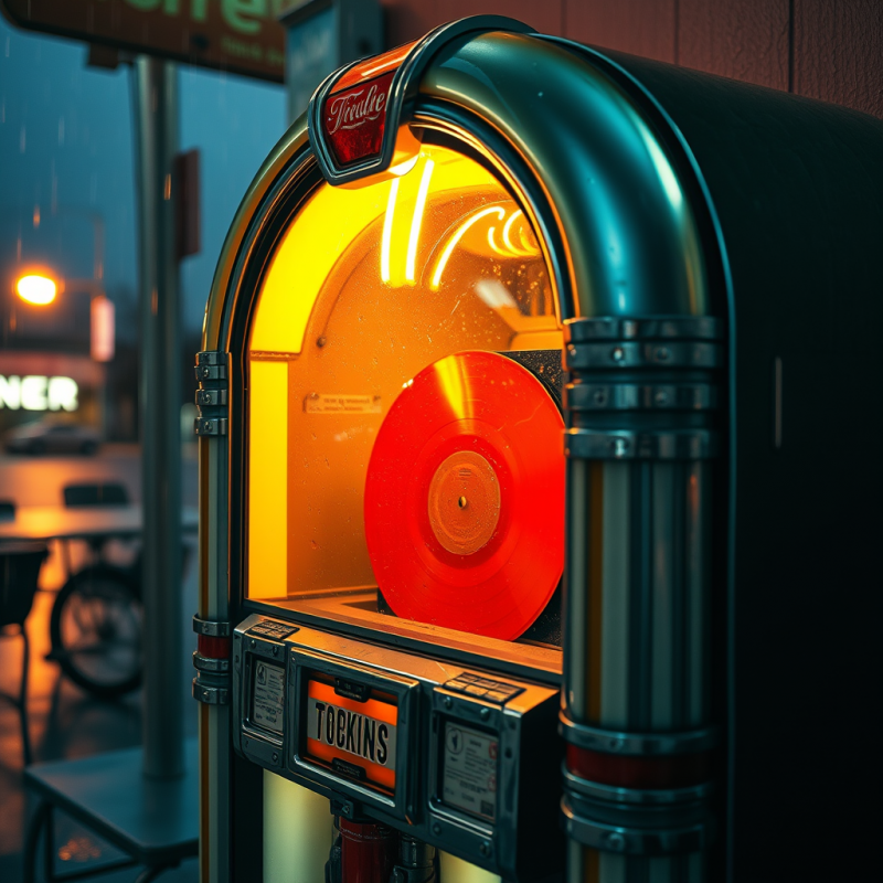 Weathered 1950s Jukebox Glowing Under Flickering Neon O...