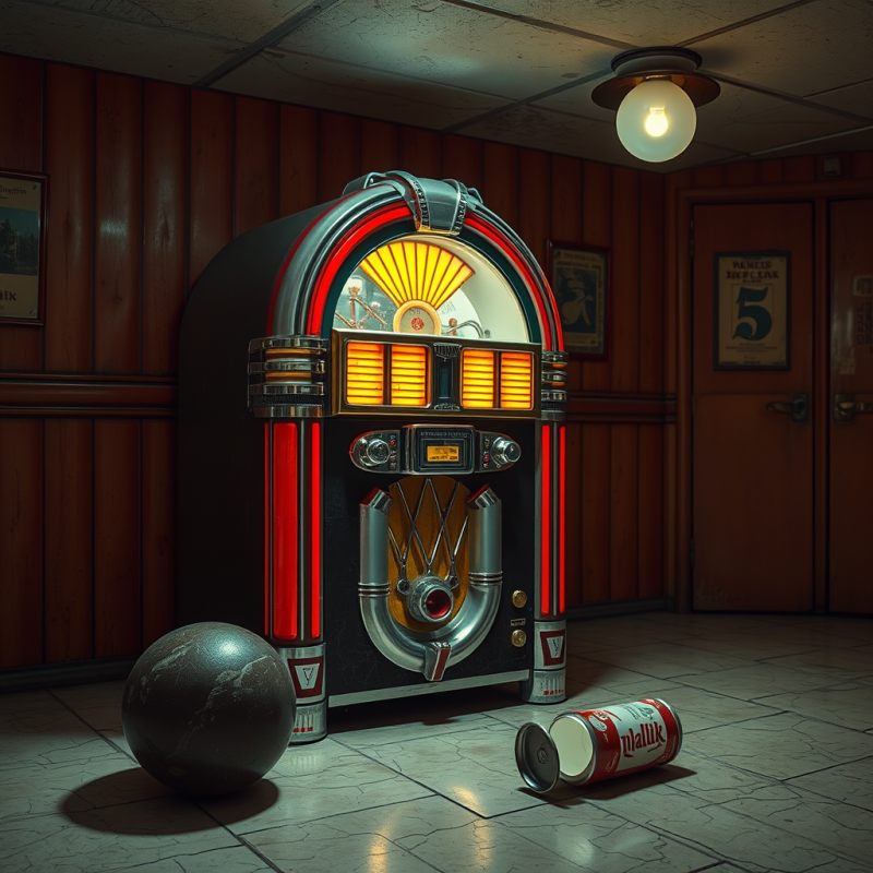 Weathered 1950s Jukebox Glows Under Dim Tungsten Bulbs ...