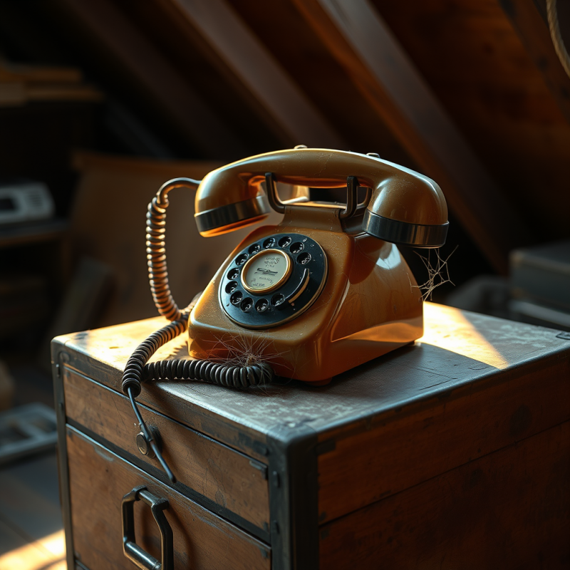 Weathered 1950s Rotary Telephone Sits Atop a Dusty Ceda...
