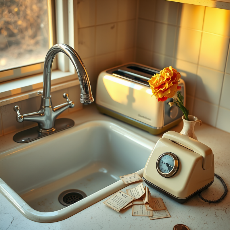 Weathered 1960s Kitchen Corner Featuring a Cracked Enam...