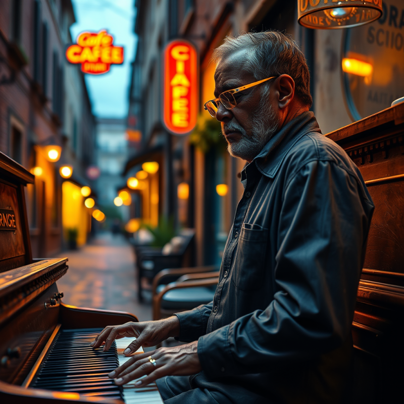 Weathered Jazz Musician in a Cobblestone Alley at Twilight