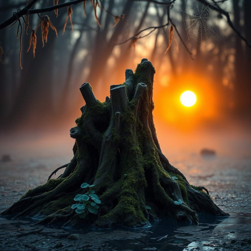 Weathered, Moss-covered Tree Stump Stands in Shallow