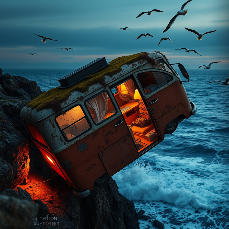 Weathered Orange Vintage Van with Warm Interior