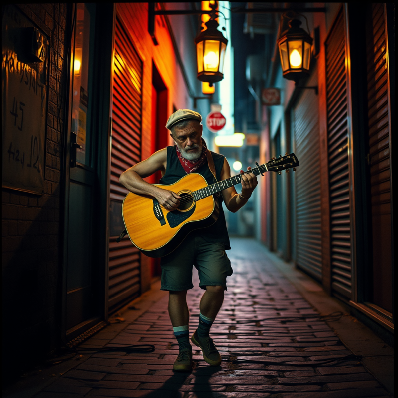 Weathered Street Musician in a Neon-drenched Alley at M...