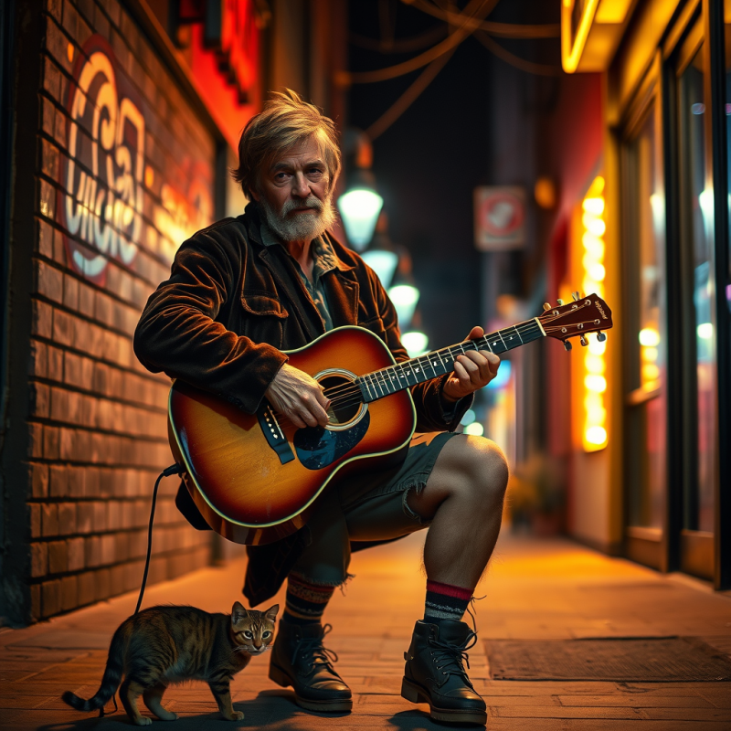 Weathered Street Musician in a Neon-drenched Alley at M...