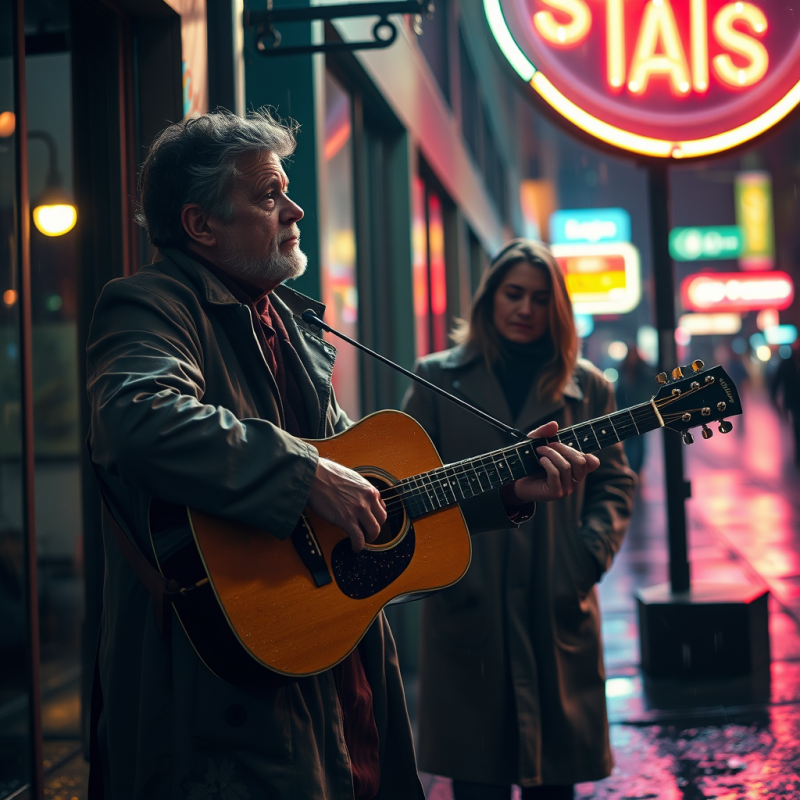 Weathered Street Musician in a Stained Trench Coat Stru...