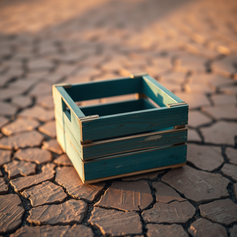 Weathered Teal Wooden Crate Rests on Parched,