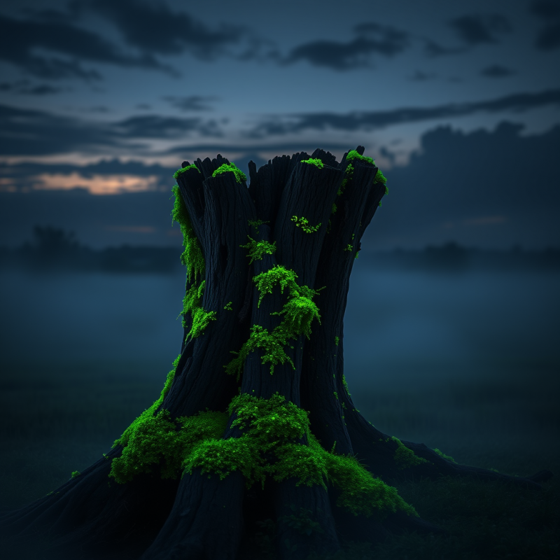 Weathered Tree Stump Covered in Vibrant Green Moss